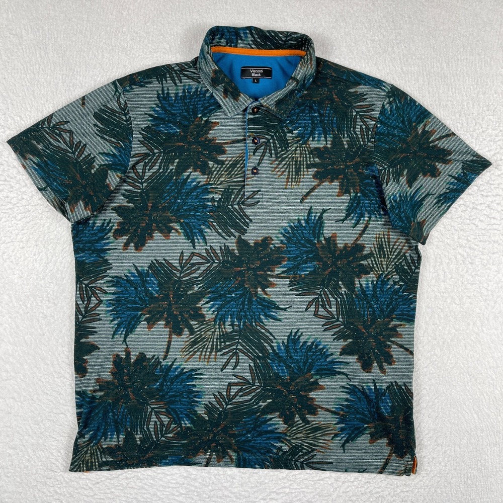 Visconti‎ Black Polo Shirt Mens Large Grey Blue Tropical Palm Leaf Short Sleeve